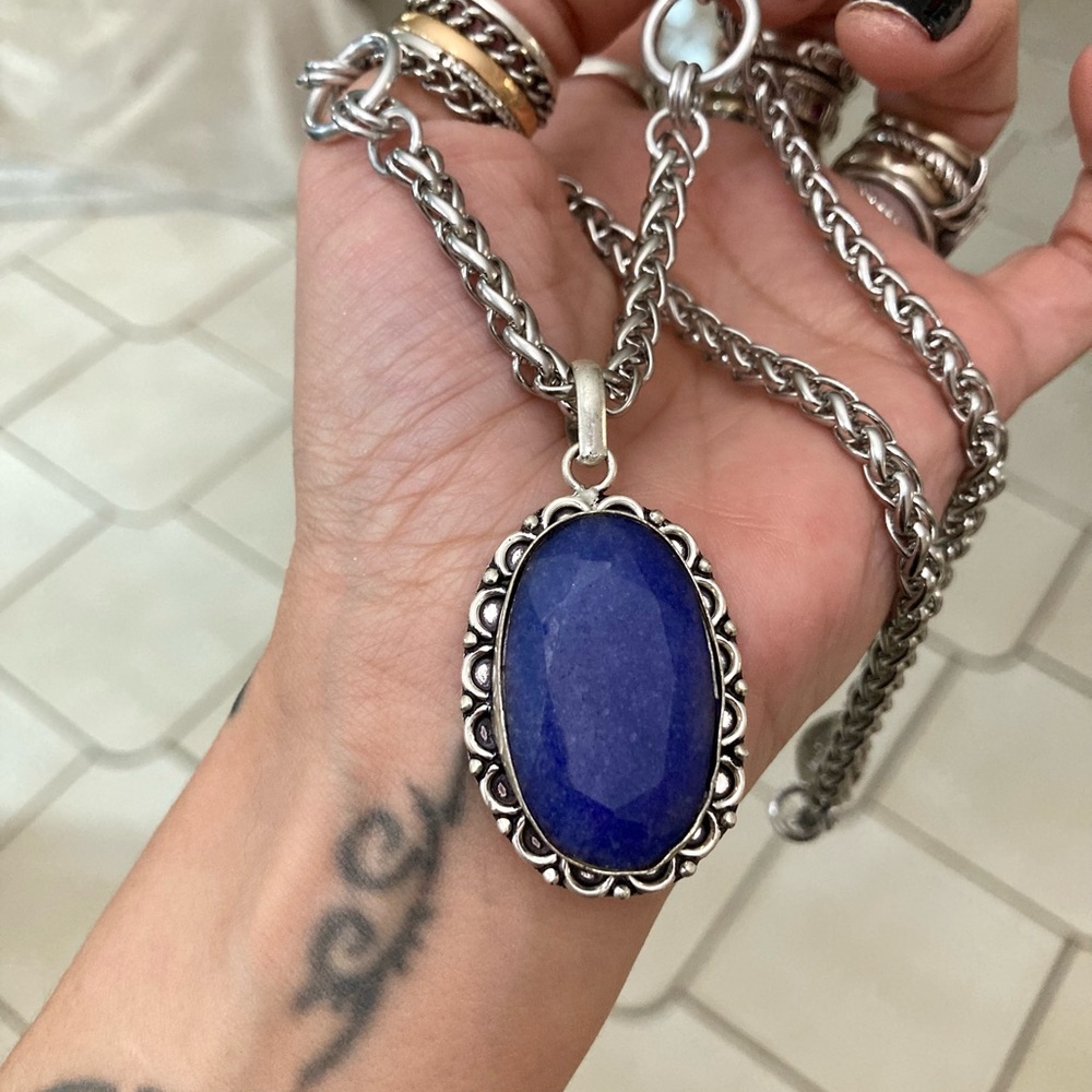 Genuine dark blue lapis lazuli oval gemstone boho charm silver necklace - Picture 13 of 13